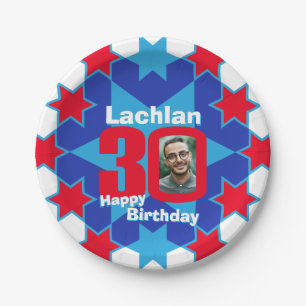 30th birthday photo name blue star paper plate