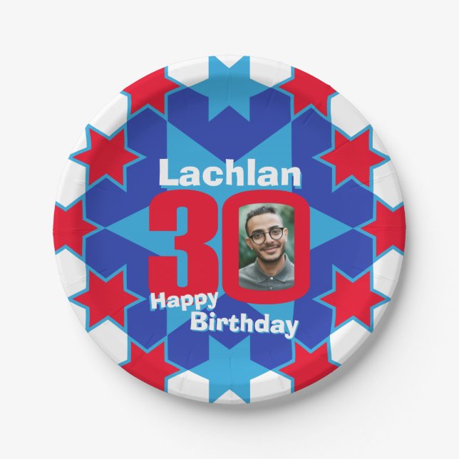 30th birthday photo name blue star paper plate (Front)