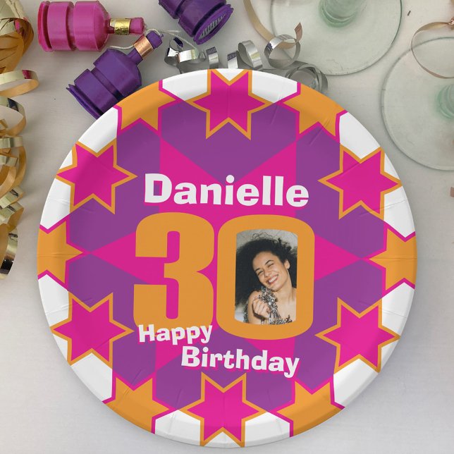 30th birthday photo name pink star paper plate (Creator Uploaded)