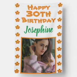 30th Birthday Photo Orange Floral House Flag
