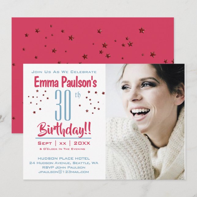 30th Birthday - Photo Party Invitation - Stars (Front/Back)
