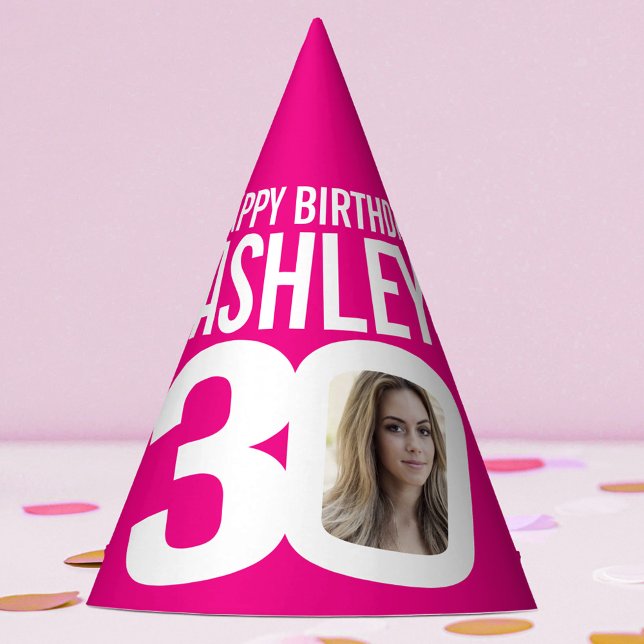 30th birthday photo personalized white hot pink party hat (Creator Uploaded)