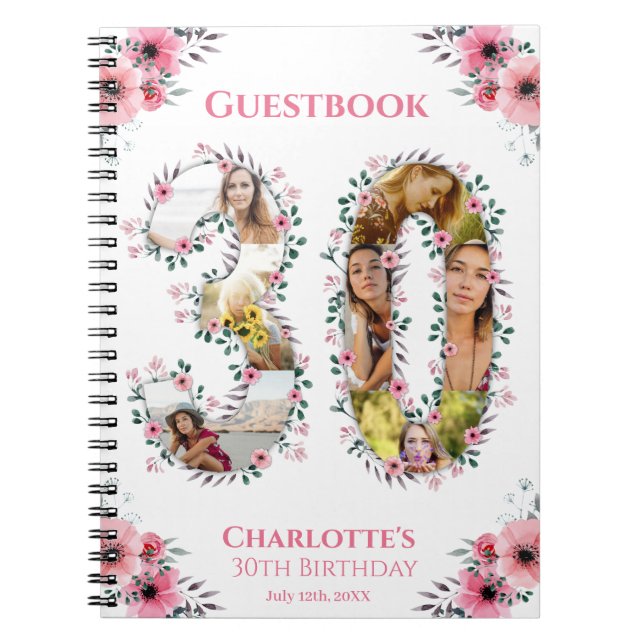 30th Birthday Photo Pink Flower White Guest Book (Front)