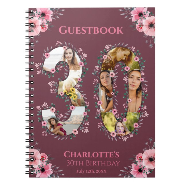 30th Birthday Photo Pink Flower Woman Guest Book (Front)