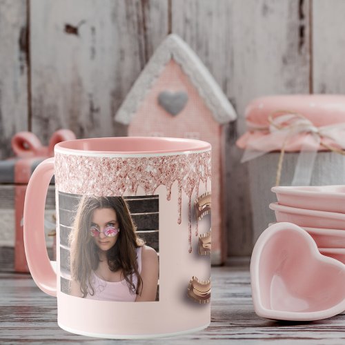 30th birthday photo pink rose gold glitter balloon mug