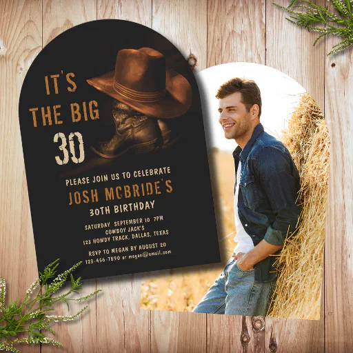 30th Birthday Photo Rustic Cowboy Hat Boots Invitation