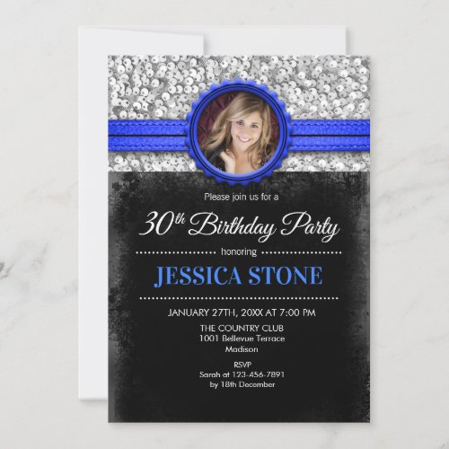 30th Birthday Photo _ Silver Black Royal Blue Invitation