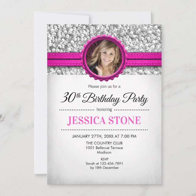 30th Birthday Photo - Silver White Hot Pink Invitation (Front)