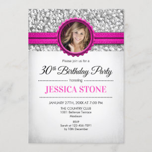 30th Birthday Photo - Silver White Hot Pink Invitation