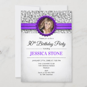 30th Birthday Photo - Silver White Purple Invitation