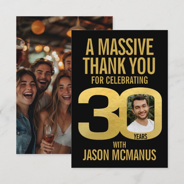 30th birthday photo thanks black and gold  thank you card (Front/Back)