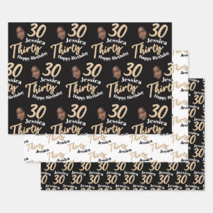 30th birthday photos gold black and white wrapping paper sheets
