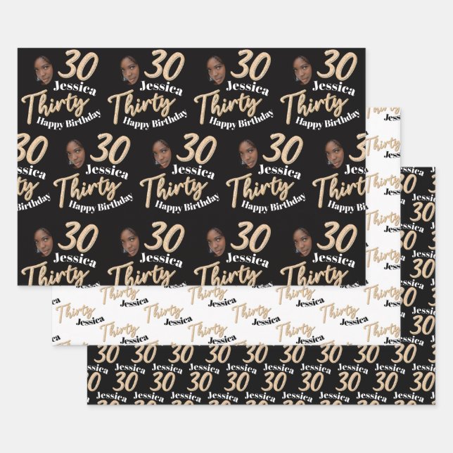 30th birthday photos gold black and white wrapping paper sheets (Set)
