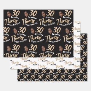 30th birthday photos gold black and white wrapping wrapping paper sheets