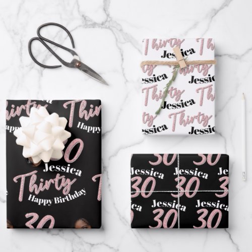 30th birthday photos pink black and white wrapping paper sheets