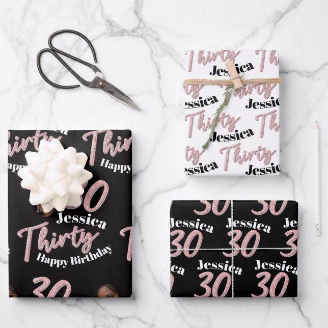 30th birthday photos pink black and white wrapping paper sheets (Front)