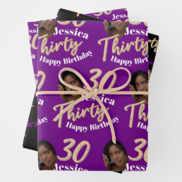 30th birthday photos purple gold black and white wrapping paper sheets