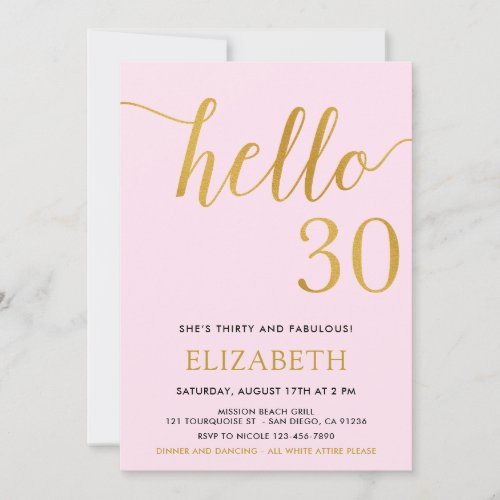 30th Birthday Pink and Gold Hello 30 Invitation