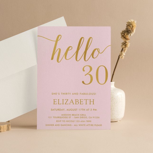 30th Birthday Pink and Gold Hello 30 Invitation (Creator Uploaded)