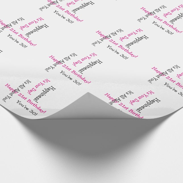 30th Birthday, pink & black text, 2 directions. Wrapping Paper (Corner)