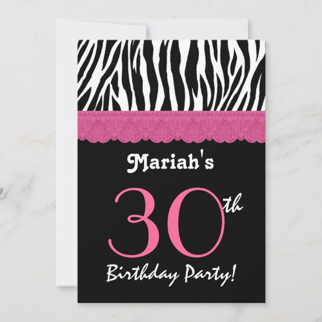 30th Birthday Pink Black Zebra Ver 4 G434 Invitation (Front)