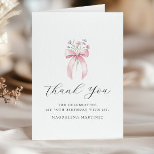 30th Birthday Pink Bow Wildflower Folded Thank You Card