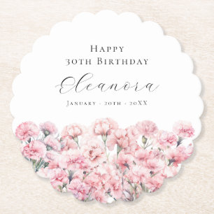 30th Birthday Pink Carnation January Birth Flower Paper Coaster