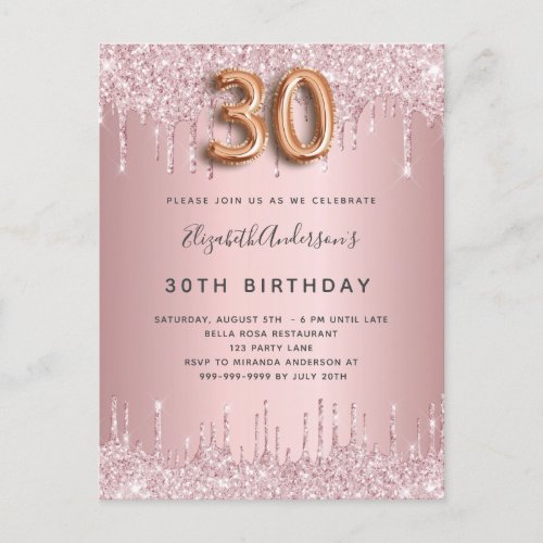 30th Birthday pink dusty rose glitter drips luxury Invitation Postcard