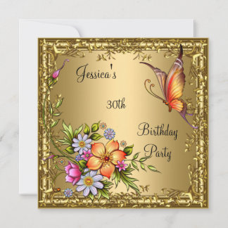 30th Birthday Pink Floral Butterfly Bronze Gold Invitation