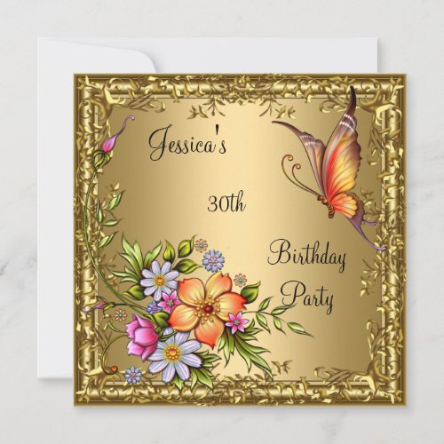 30th Birthday Pink Floral Butterfly Bronze Gold Invitation