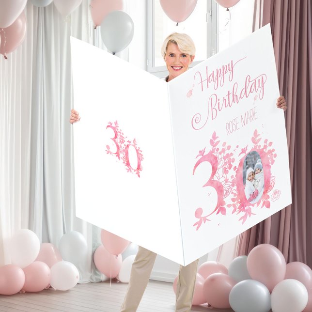 30th Birthday Pink Floral Numbers Jumbo Photo Card (Creator Uploaded)