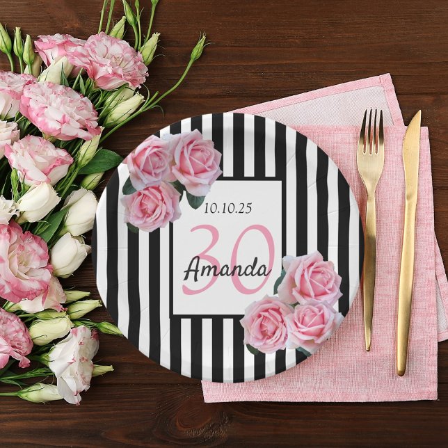 30th birthday pink florals black white stripes  paper plates (Creator Uploaded)