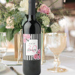 30th birthday pink flowers black white stripes wine label<br><div class="desc">A wine label for a 30th birthday party. Classic slim black and white vertical stripes as background. With girly and feminine pink roses as decoration. A white and black frame on front with template for age, name and date. Age number 30 in pink, name and date in black. The name...</div>