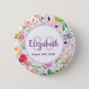 30th birthday pink flowers elegant name button