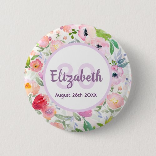 30th birthday pink flowers elegant name button