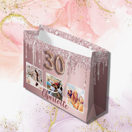 30th birthday pink glitter drips photo monogram large gift bag