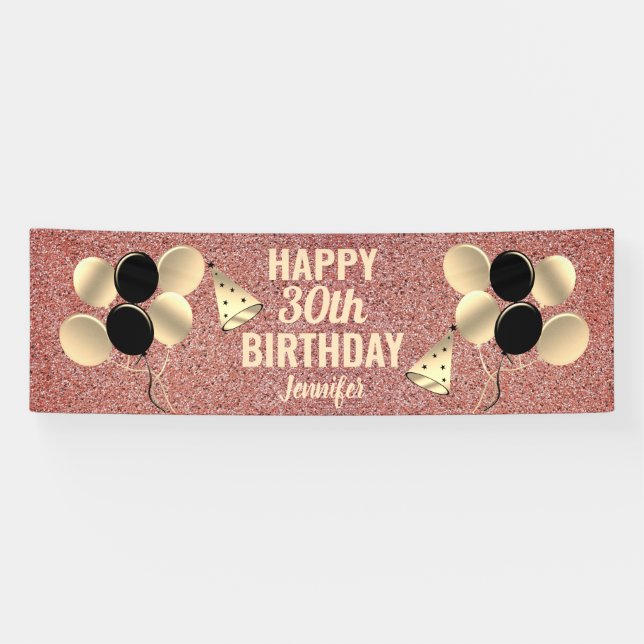 30th Birthday Pink Gold Glitter Personalized Party Banner (Horizontal)