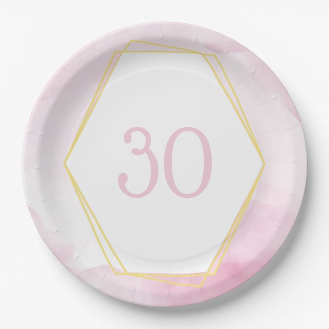 30th Birthday Pink & Gold Paper Plates (Front)