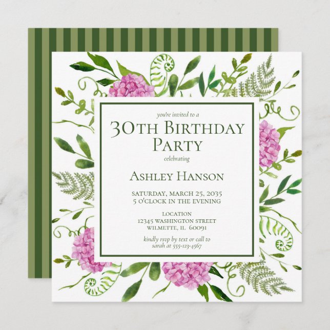 30th Birthday Pink Hydrangeas Invitation (Front/Back)