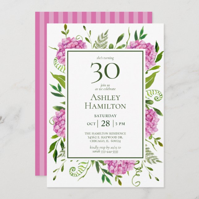 30th Birthday Pink Hydrangeas Invitation (Front/Back)
