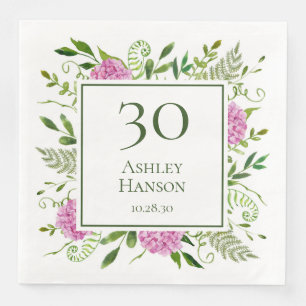 30th Birthday Pink Hydrangeas Paper Dinner Napkins