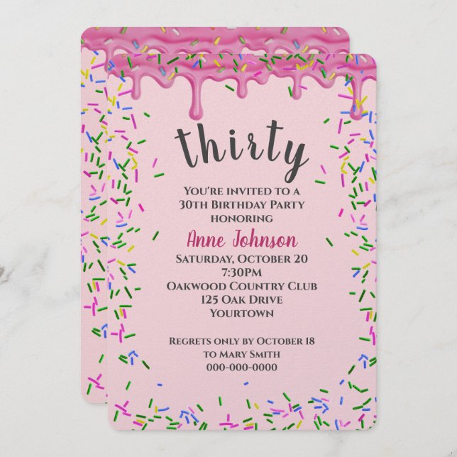 30th Birthday Pink Icing And Sprinkles Invitation (Front/Back)