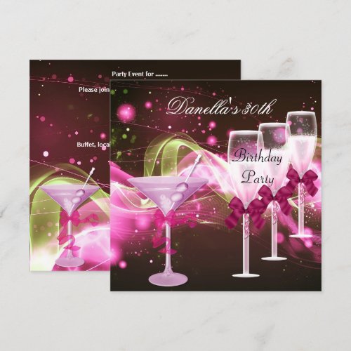 30th Birthday Pink Martini Champagne Personalized Announcements