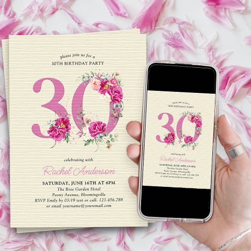 30th Birthday Pink Peony Floral Number 30 Invitation