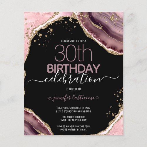 30th Birthday Pink Purple Agate Budget Invitation