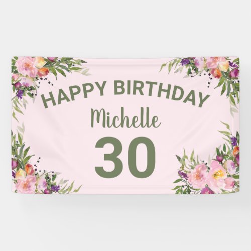 30th Birthday Pink Purple Watercolor Floral Banner