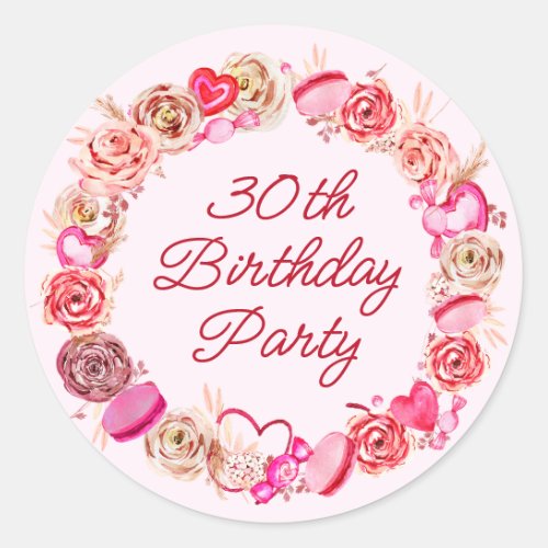 30th Birthday Pink Rose Swirly Heart Envelope Classic Round Sticker