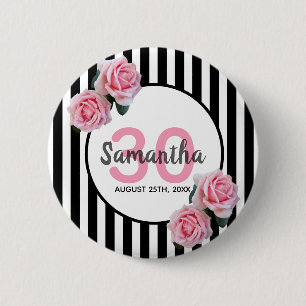 30th birthday pink roses black white stripes button