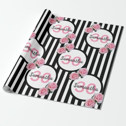 30th birthday pink roses black white stripes name wrapping paper