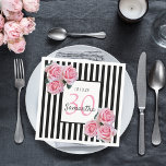 30th birthday pink roses black white stripes napkins<br><div class="desc">A napkin for a 30th birthday party. Classic slim black and white vertical stripes as background. With girly and feminine pink roses as decoration. A white and pink frame on front with template for age, name and date. Age number 30 in pink, name and date in black. The name is...</div>